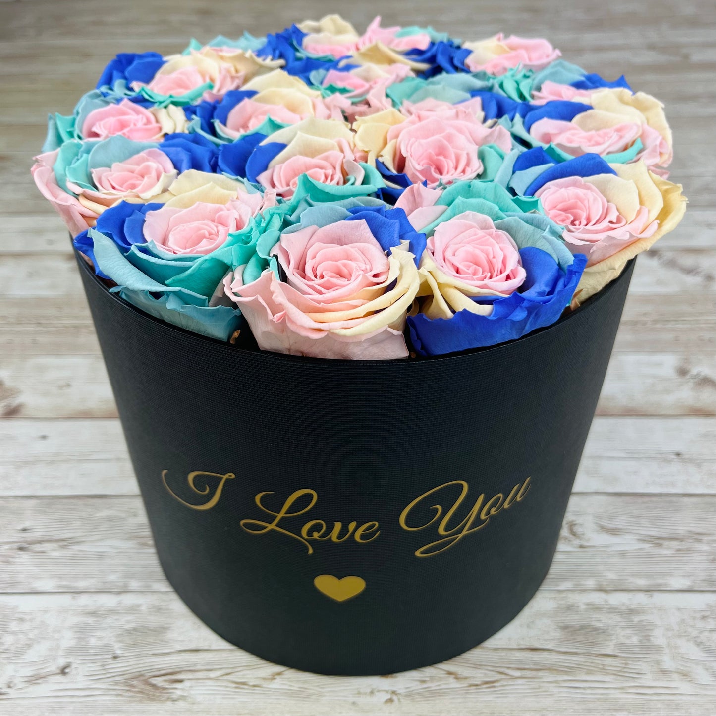 Large Round Infinity Rose Box - Pastel Rainbow Eternal Roses - One Year Roses - Rose Colours divider-Pastel Rainbow