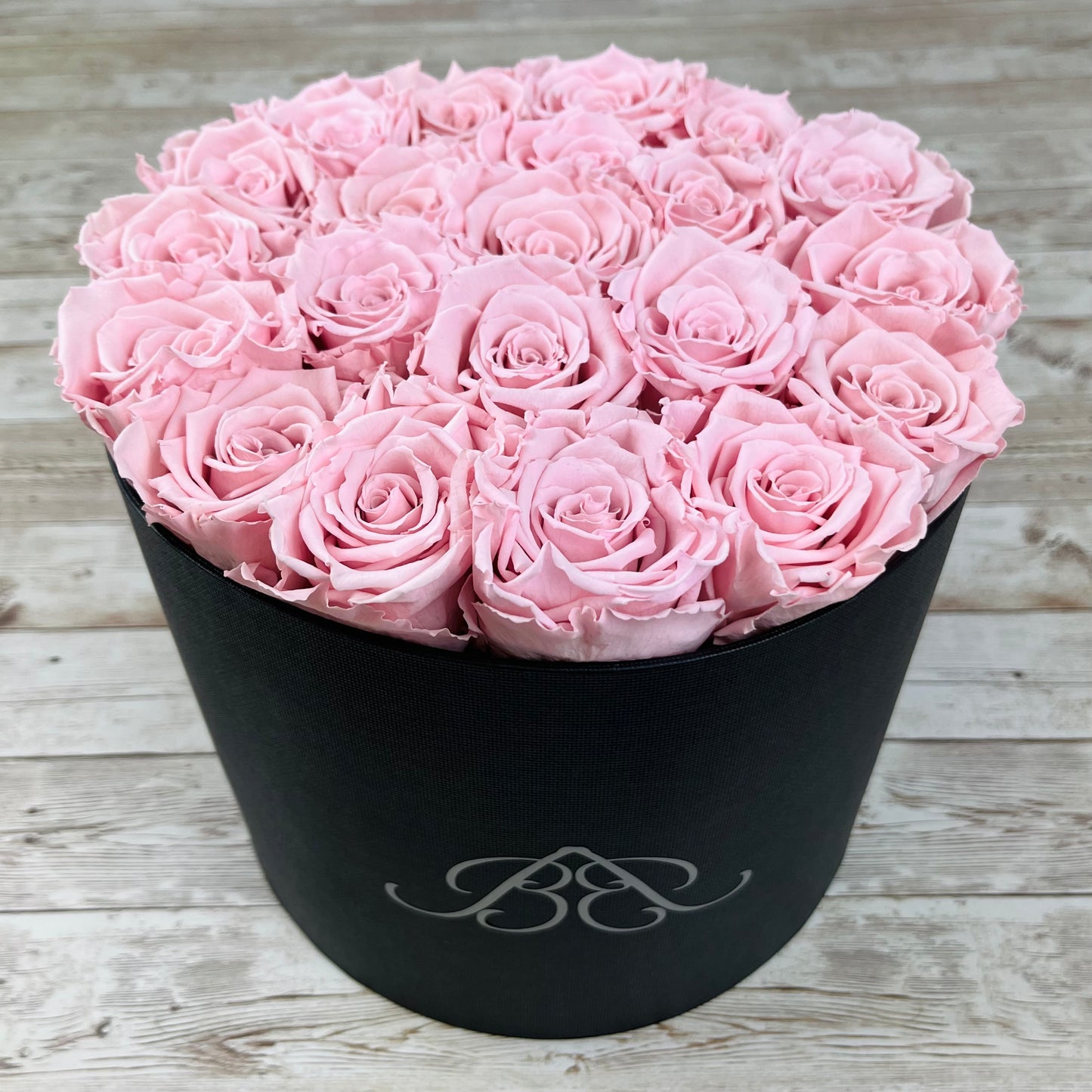 Large Round Infinity Rose Box - Pink Eternal Roses - One Year Roses - model holding box - Rose Colours divider-Petal Pink