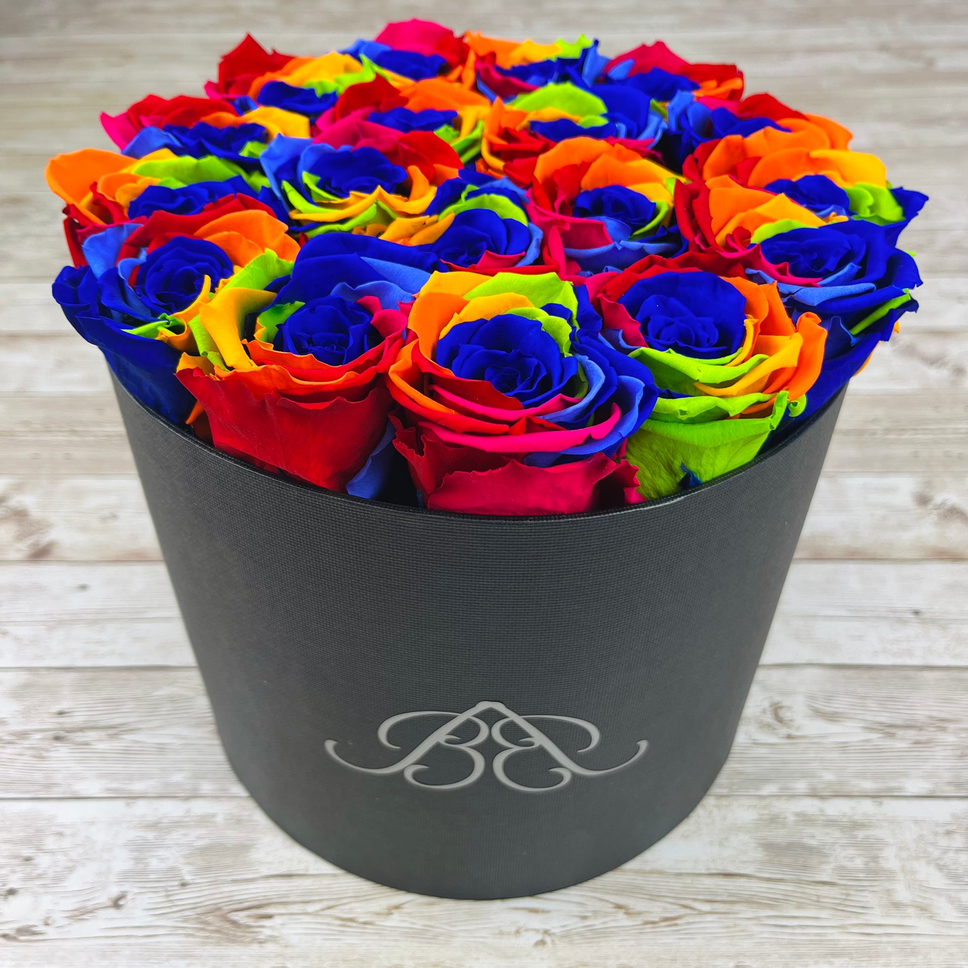 Black Round Rose Box - Rainbow Infinity Roses - One Year Roses - Rose Colours divider-Carnival Rainbow