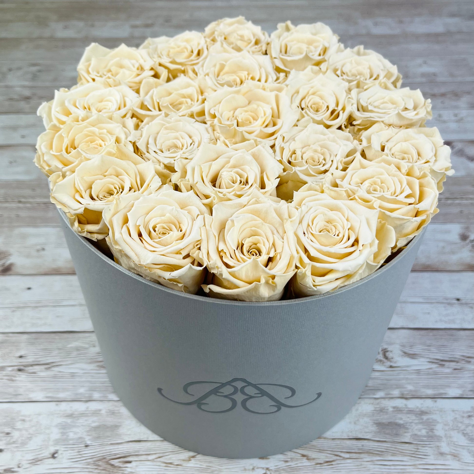 Large Round Grey Infinity Rose Box - Champagne Eternal Roses - One Year Roses - Rose Colours divider-Vintage Champagne