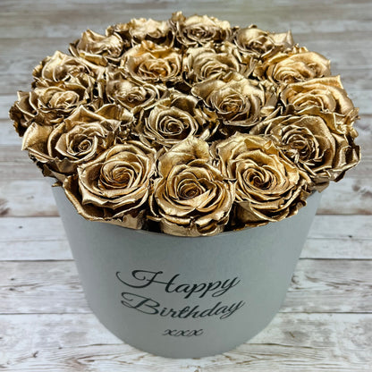 Large Grey Round Rose Box - Gold Infinity Roses - One Year Roses - Rose Colours divider-Glamorous Gold