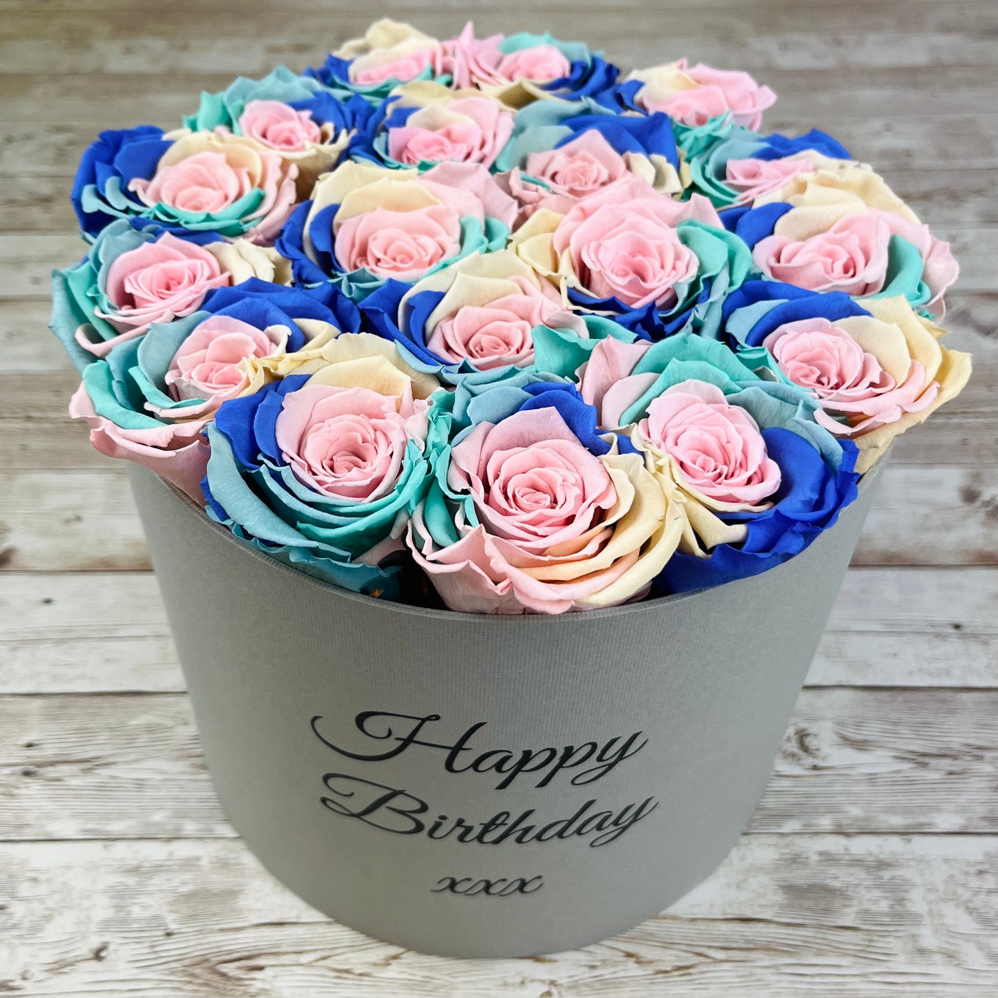 Large Round Grey Infinity Rose Box - Pastel Rainbow Eternal Roses - One Year Roses - Rose Colours divider-Pastel Rainbow