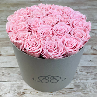 Large Round Grey Infinity Rose Box - Pink Eternal Roses - One Year Roses - model holding box - Rose Colours divider-Petal Pink