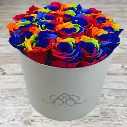 Large Grey Round Rose Box - Rainbow Infinity Roses - One Year Roses - Rose Colours divider-Carnival Rainbow