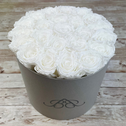 Large Round Grey Infinity Rose Box - White Eternal Roses - One Year Roses - Roses in a box - Rose Colours divider-Angelic White