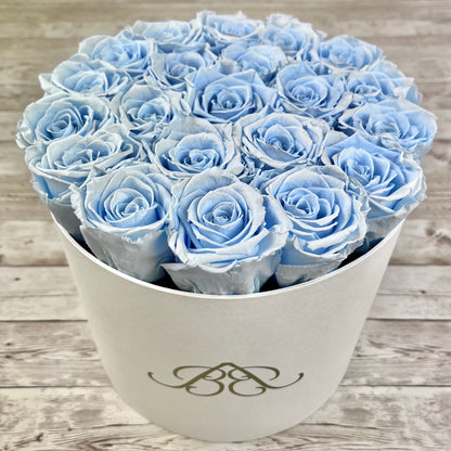 Large Round White Infinity Rose Box - Blue Eternal Roses - Forever Roses - Roses in a box - Rose Colours divider-Baby Blue