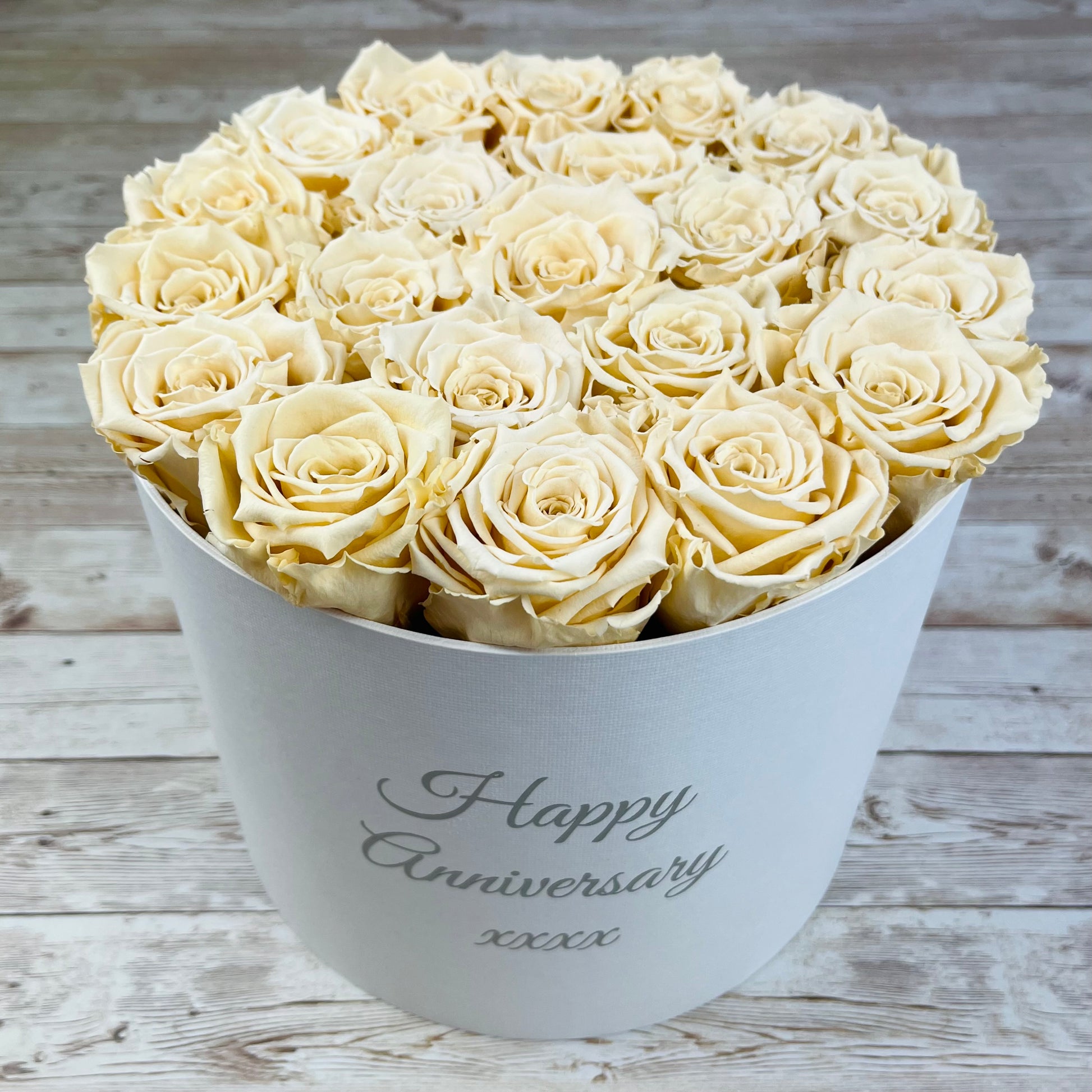 Large Round White Infinity Rose Box - Champagne Eternal Roses - One Year Roses - Rose Colours divider-Vintage Champagne