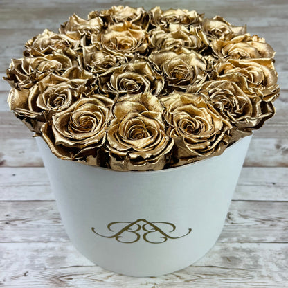 Black Round White Rose Box - Gold Infinity Roses - One Year Roses - Rose Colours divider-Glamorous Gold