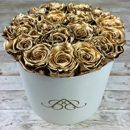 Black Round White Eternal Rose Box - Gold Infinity Roses - Forever Roses - Rose Colours divider-Glamorous Gold