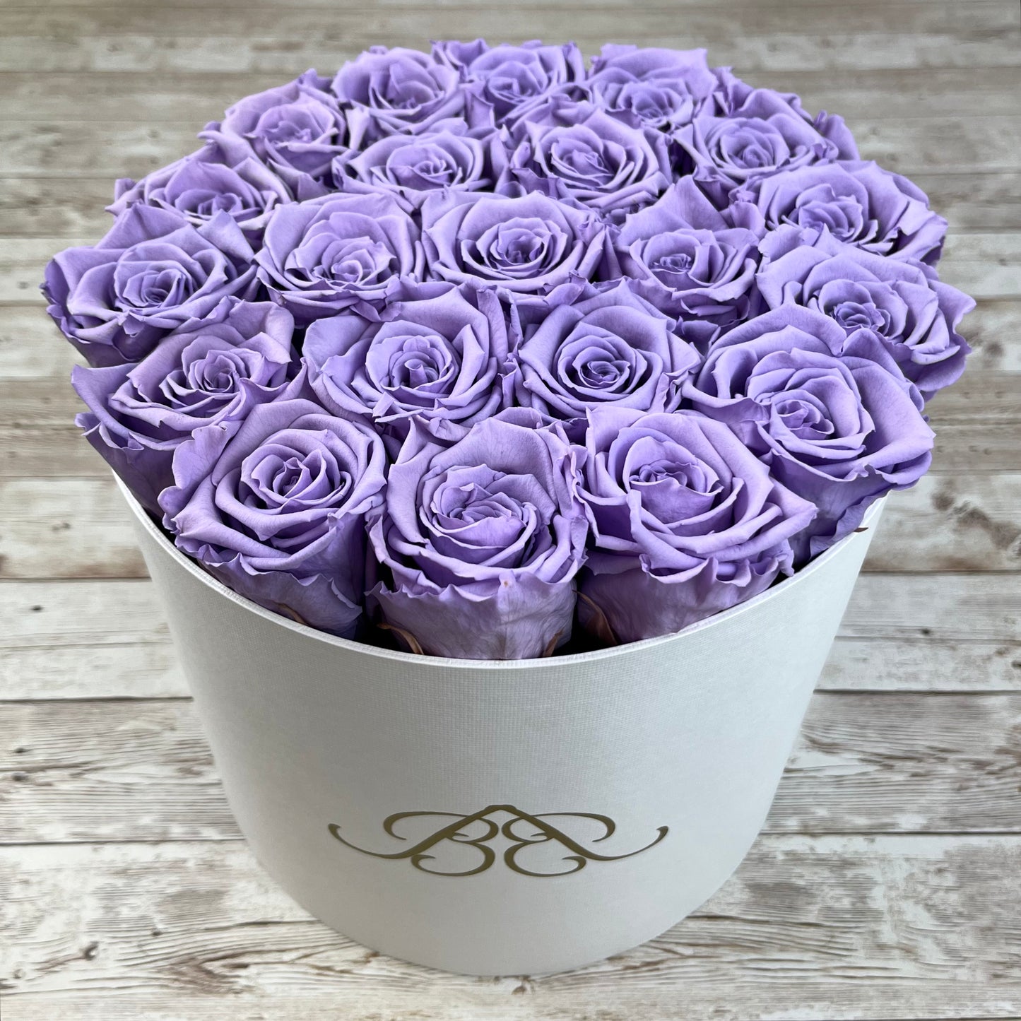 Large Round White Infinity Rose Box - Lavender Eternal Roses - One Year Roses - Rose Colours divider-Lavender Haze