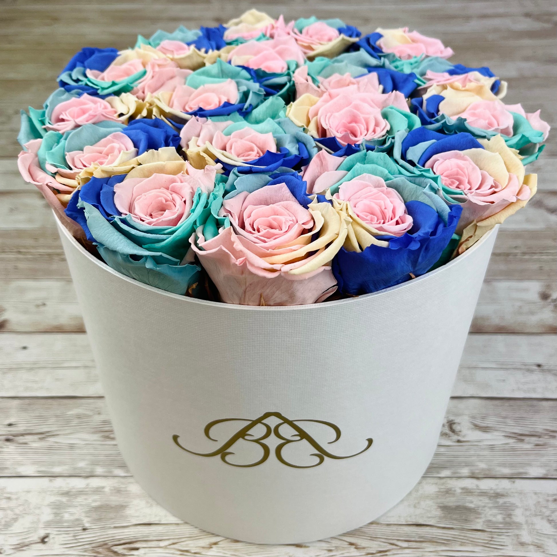 Large Round White Infinity Rose Box - Pastel Rainbow Eternal Roses - One Year Roses - Rose Colours divider-Pastel Rainbow