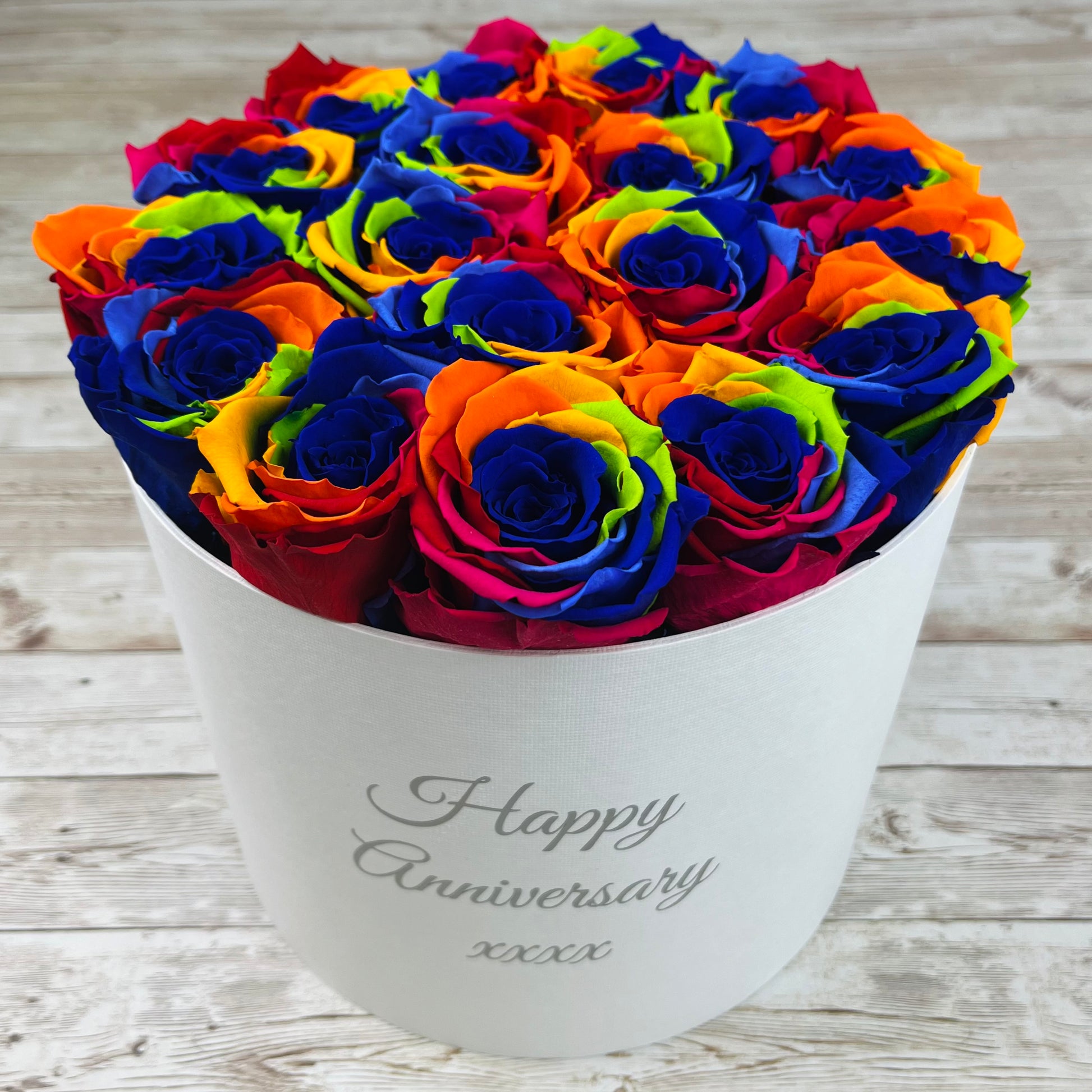 Large White Round Rose Box - Rainbow Infinity Roses - One Year Roses - Rose Colours divider-Carnival Rainbow