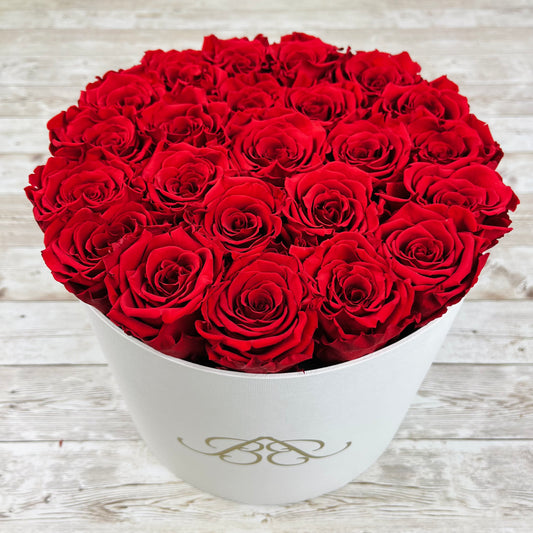 Large Round White Infinity Rose Box - Red Eternal Roses - Forever Roses - Rose Colours divider-Ruby Red