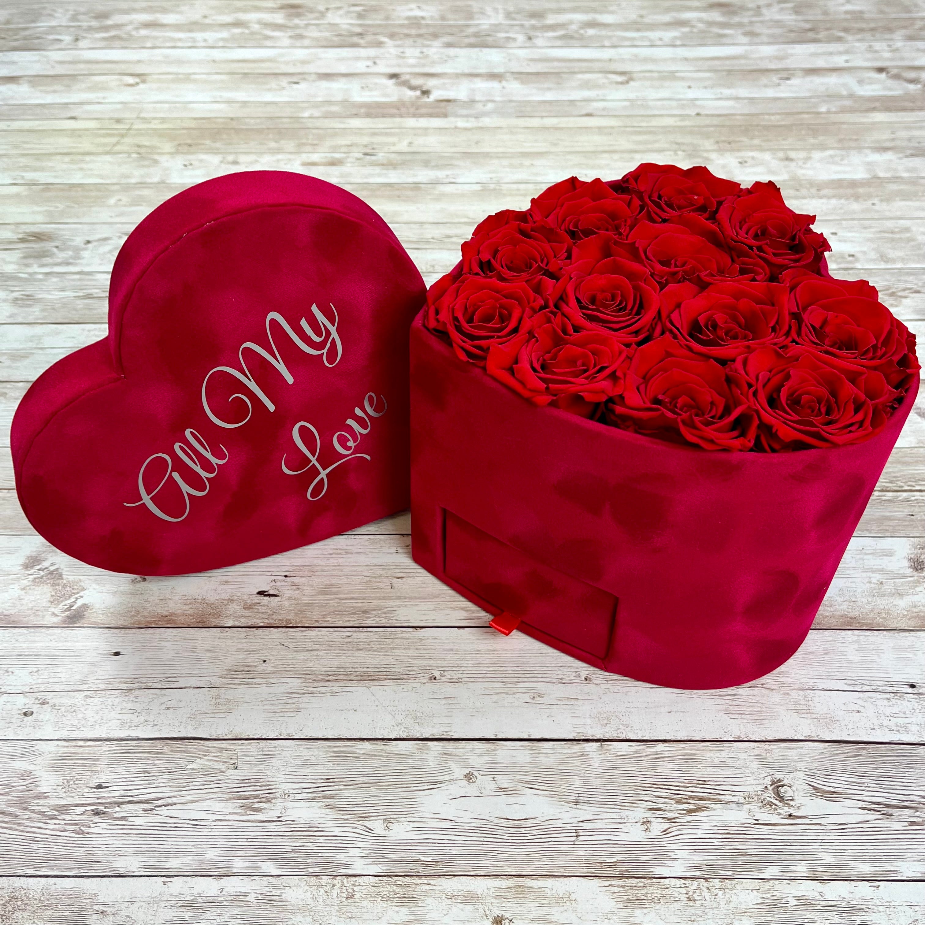 Red Velvet Heart Infinity Rose Box - Red Eternal Roses - Personalised Rose Box