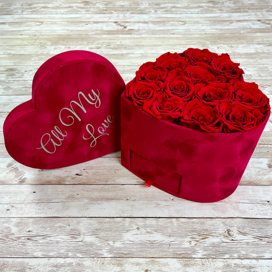 Red Velvet Heart Infinity Rose Box - Red Eternal Roses - Personalised Rose Box