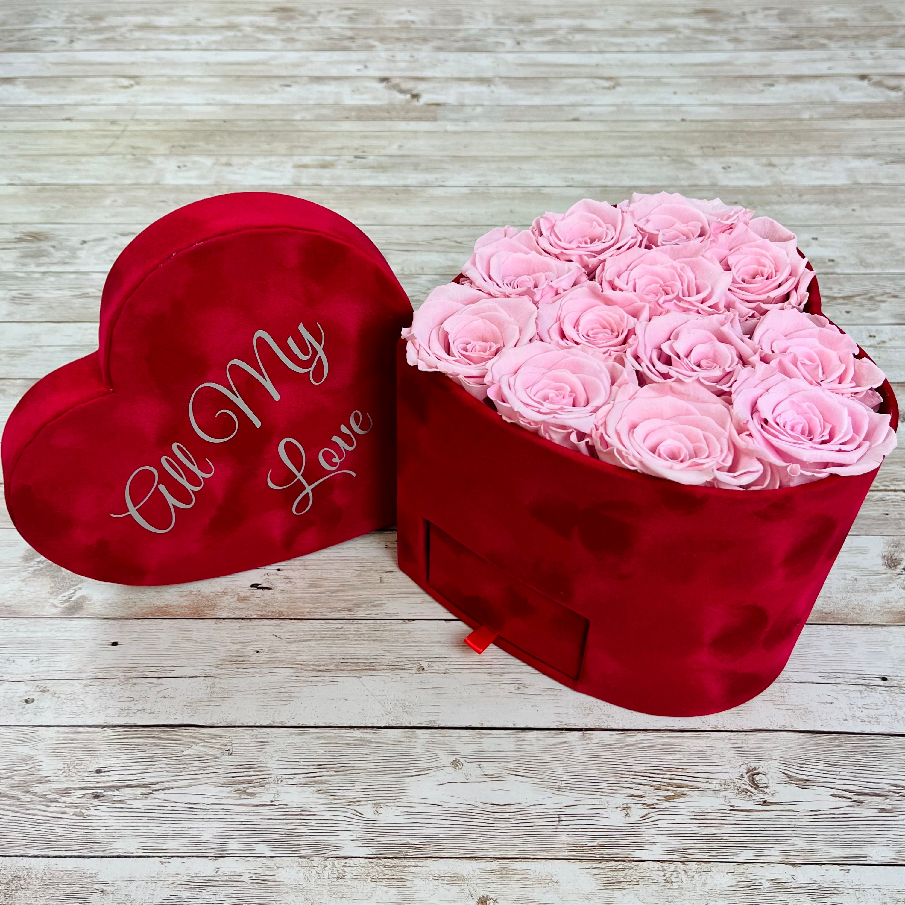 Red Velvet Heart Infinity Rose Box - Pink Eternal Roses - Personalised Forever Rose Box