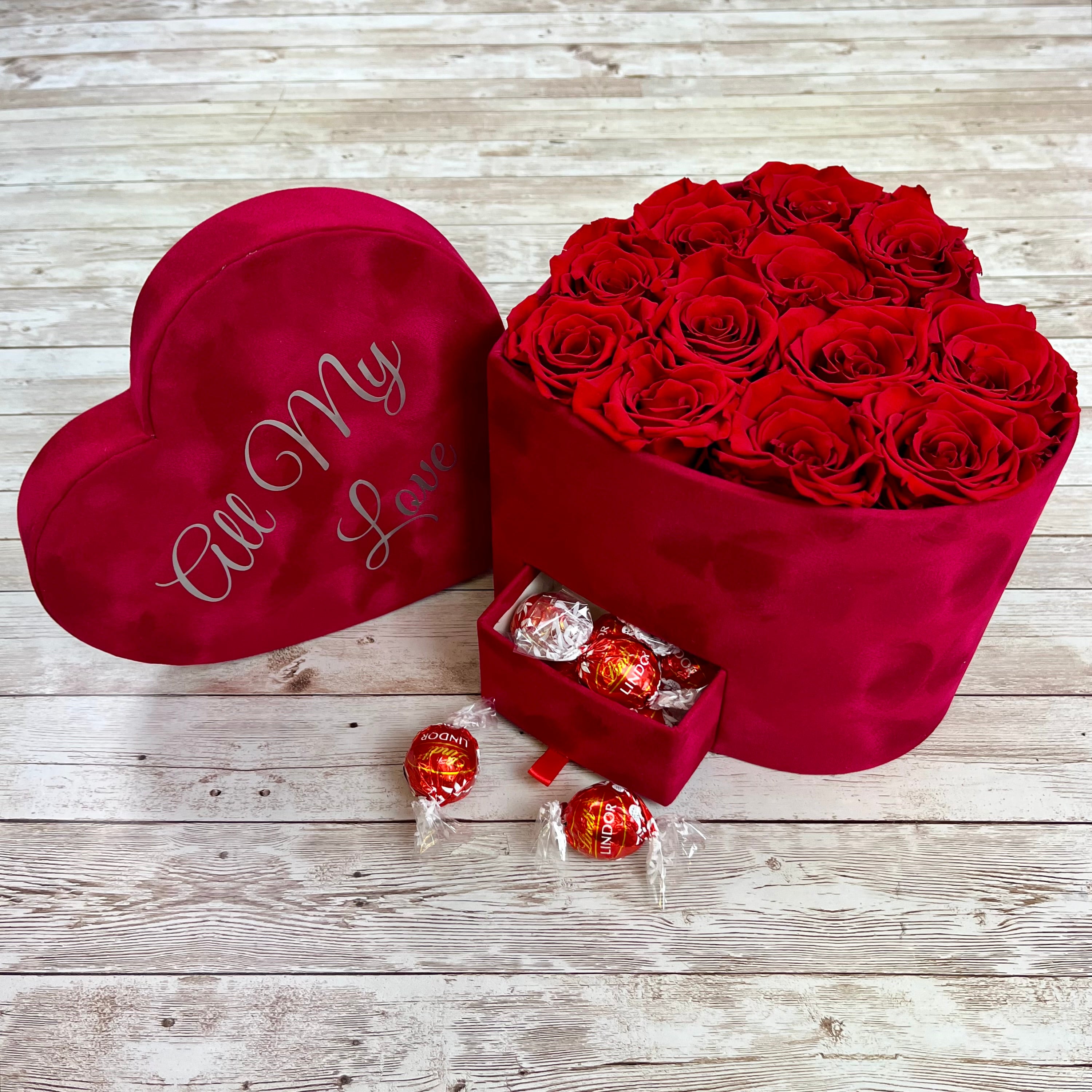 Red Velvet Heart Infinity Rose Box with Chocolates - Red One Year Roses - Infinity Roses