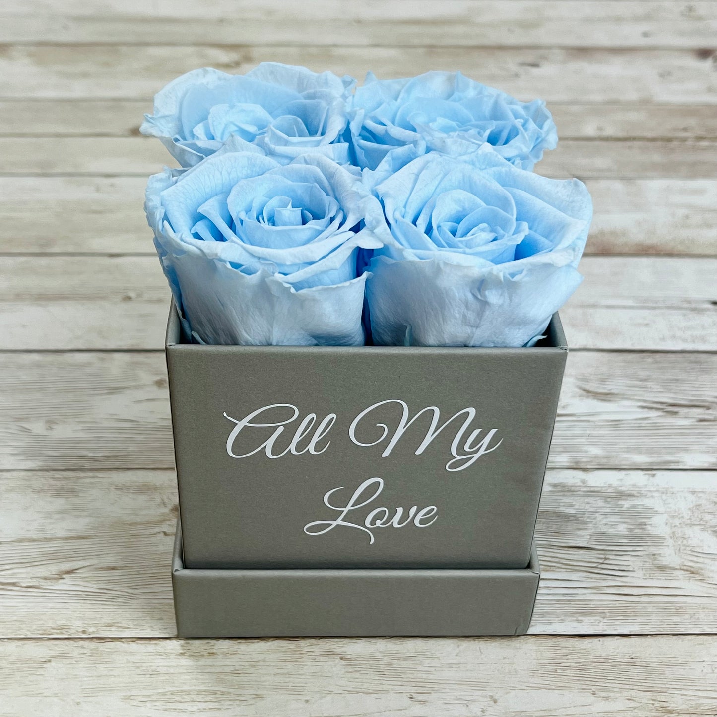 Grey Square petite Infinity Rose Box - Eternal Roses - Baby Blue One Year Roses - Rose Colours divider-Baby Blue