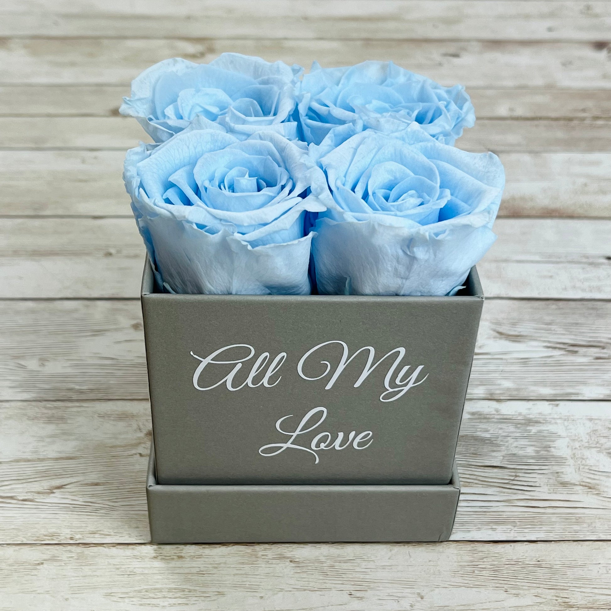 Grey Square petite Infinity Rose Box - Eternal Roses - Baby Blue One Year Roses - Rose Colours divider-Baby Blue