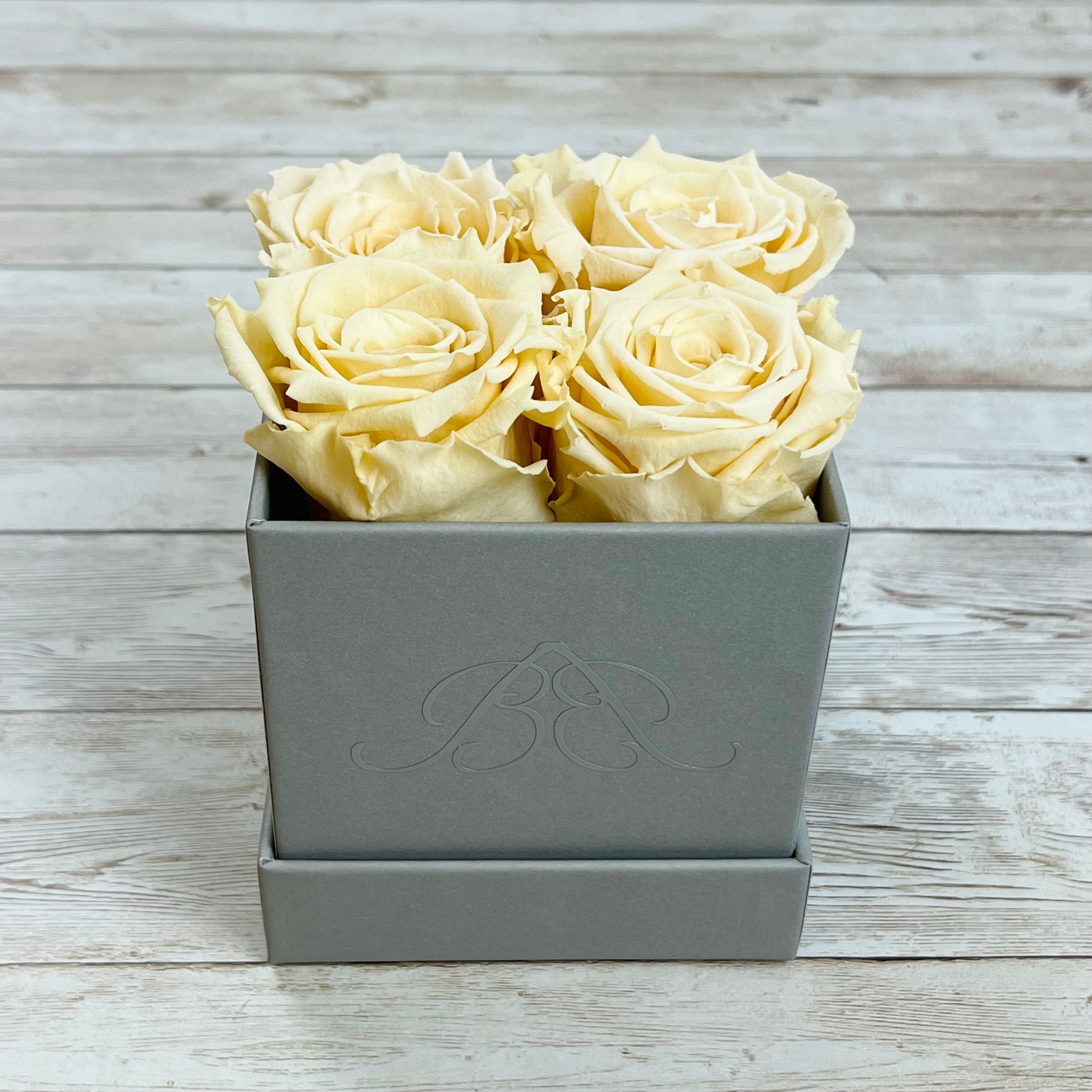Grey Square Petite Infinity Rose Box - Infinity Roses - Champagne One Year Roses - Rose Colours divider-Vintage Champagne