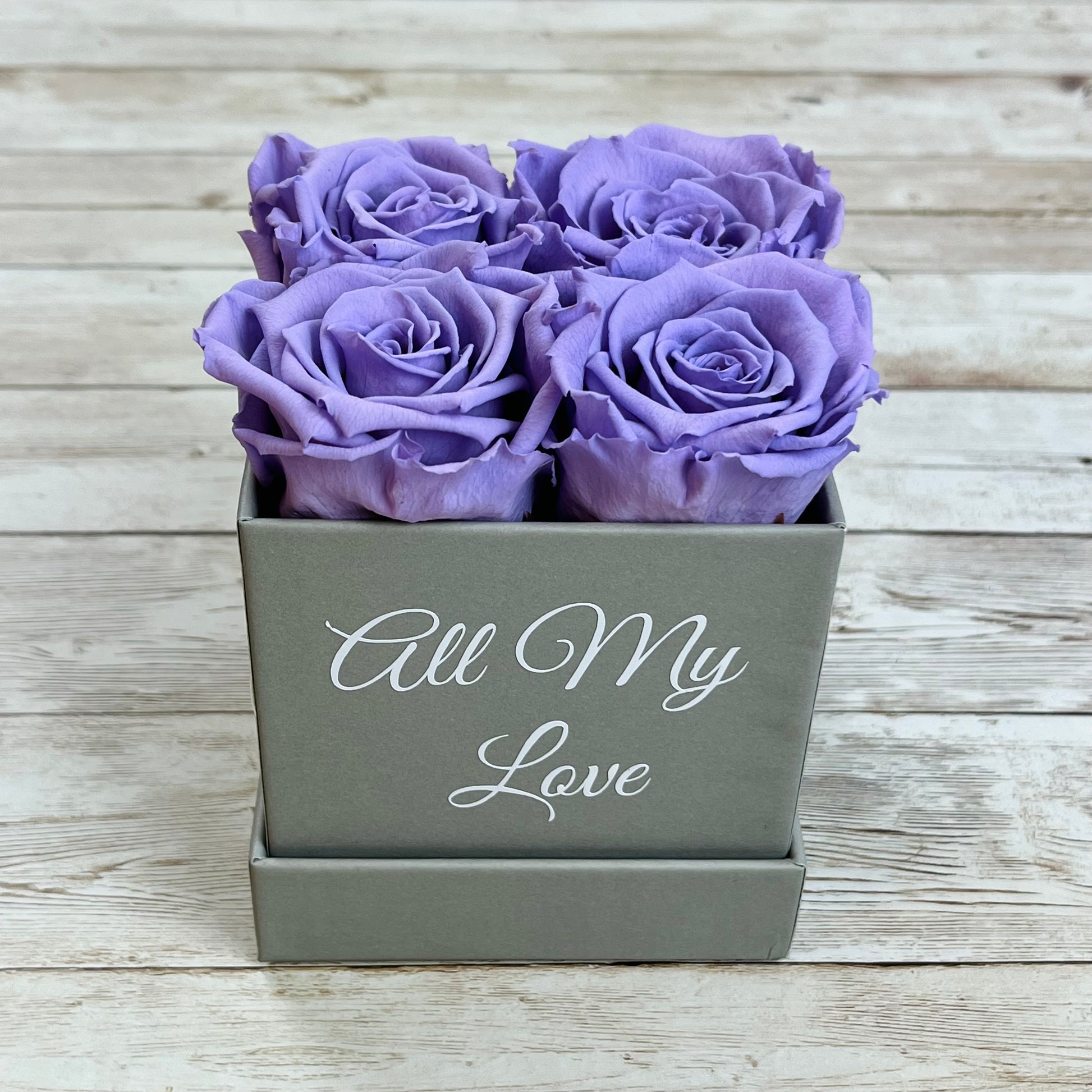 Grey Square Petite Infinity Rose Box - Eternal Roses - Lavender One Year Roses - Rose Colours divider-Lavender Haze