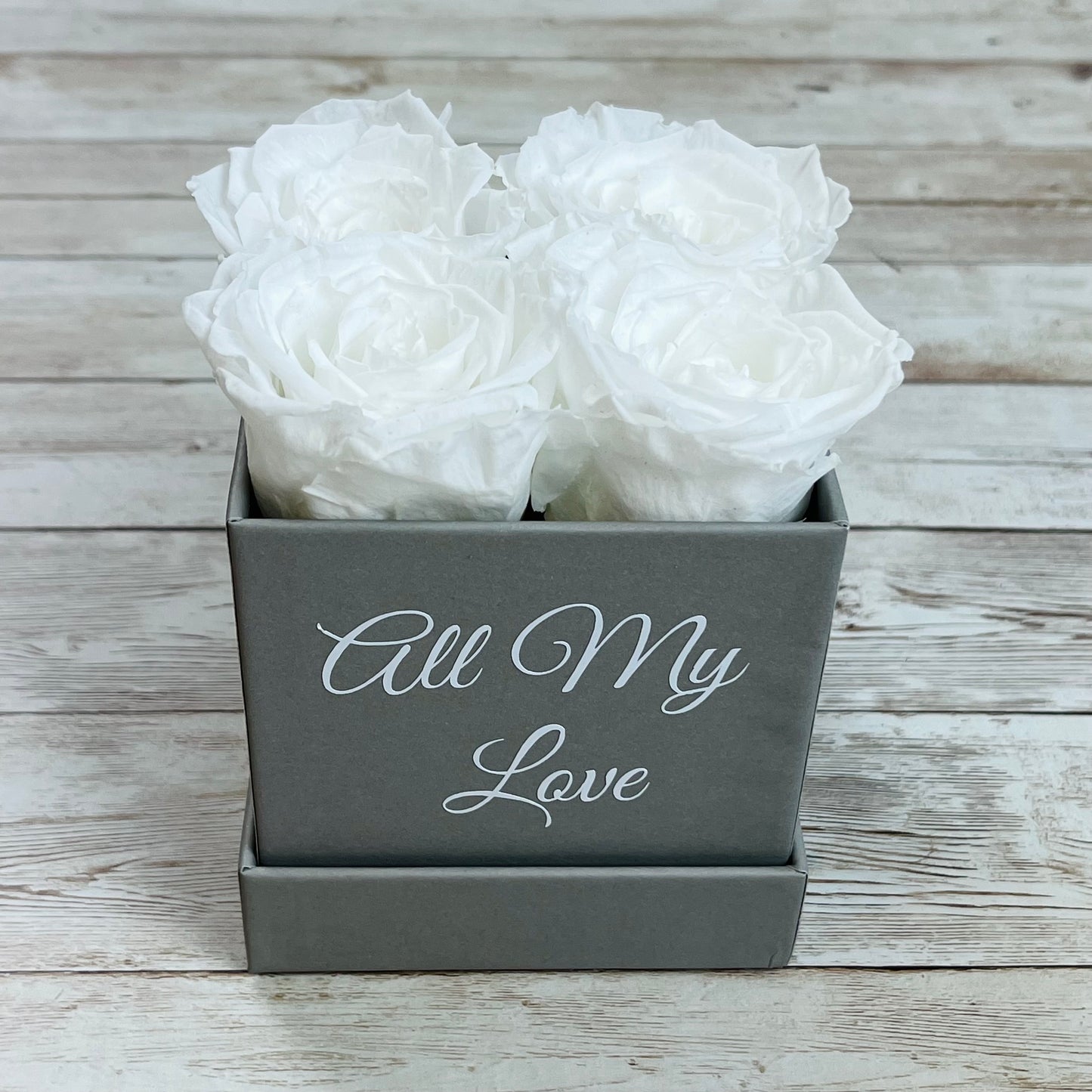 Grey Square Petite Infinity Rose Box - Infinity Roses - White One Year Roses - Square Box of Roses - Rose Colours divider-Angelic White