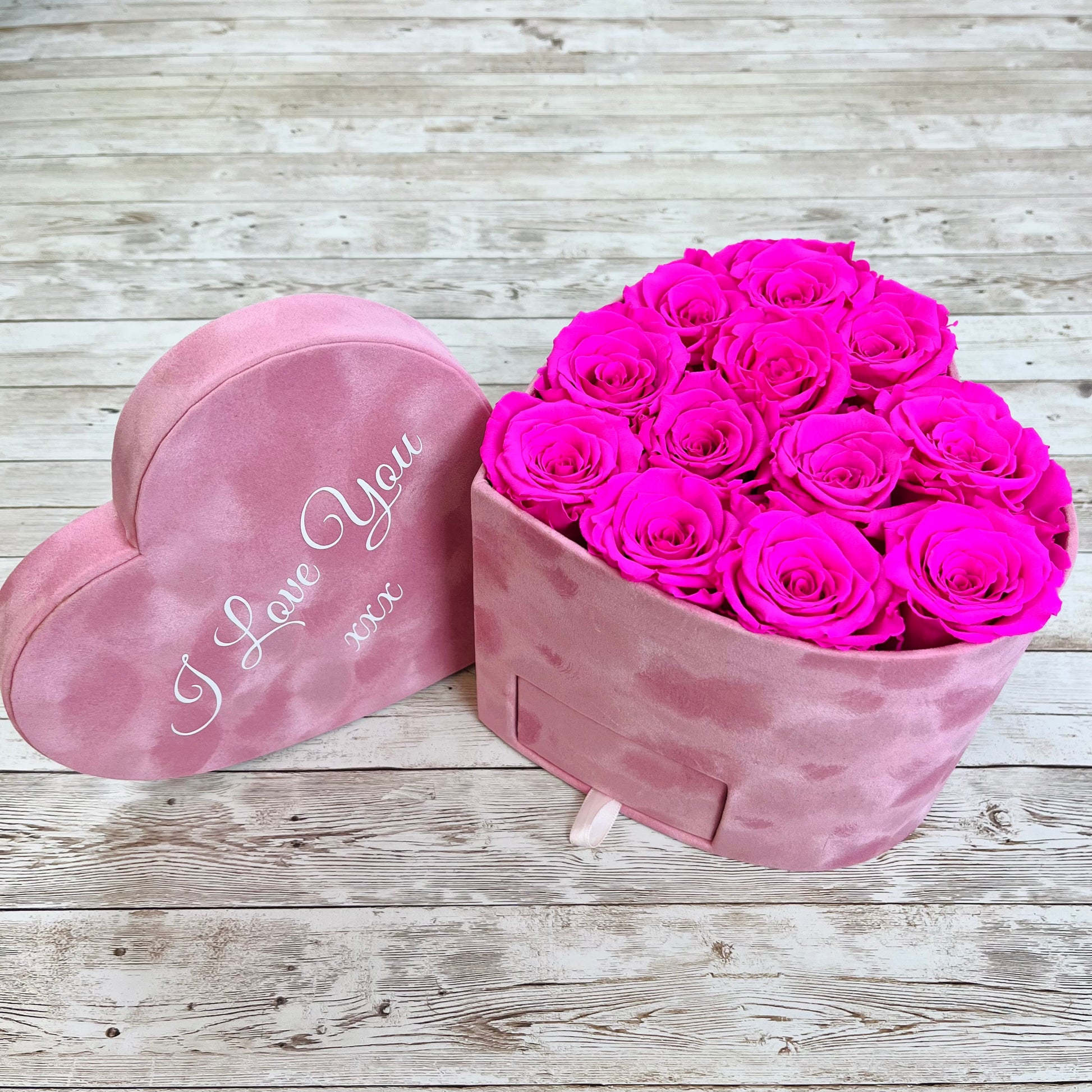 Pink Velvet Heart Infinity Rose Box - Shocking Pink One Year Roses in a Box 