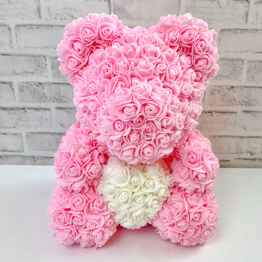 Rose Bear - Forever Pink Rose Teddy Bears - Gift Boxed Eternal Bears- Rose Bear divider- Light Pink Bear with White Heart