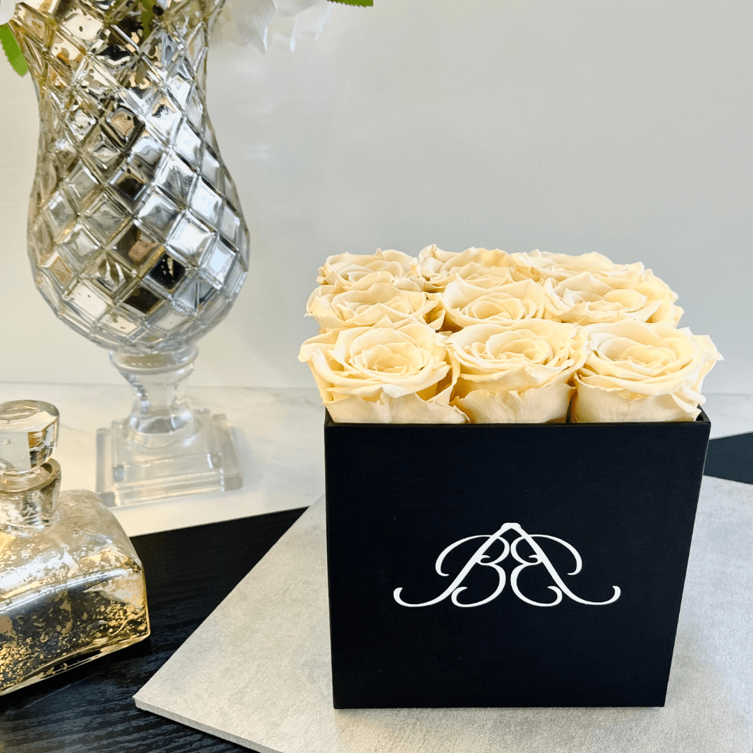 Square Black Infinity Rose Box | Champagne Eternal Roses | Forever Roses | Bling Blooms