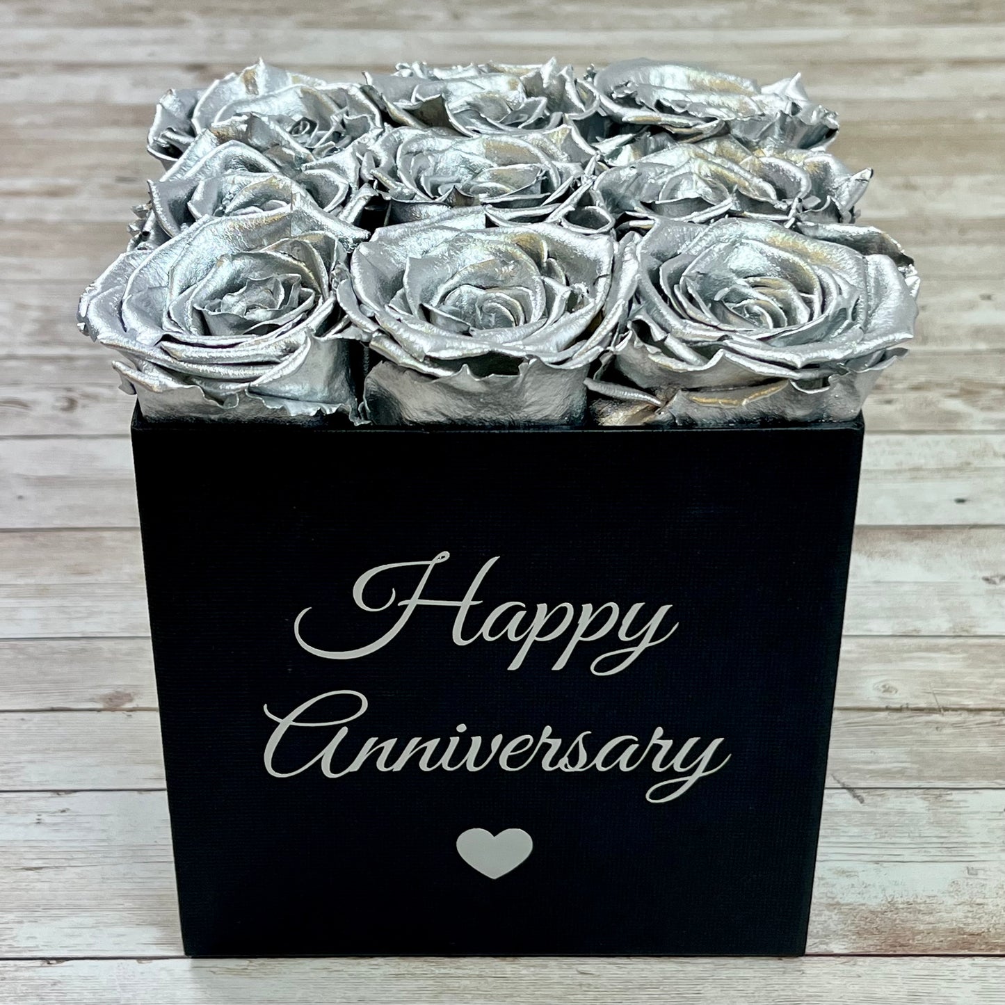 Black Square Infinity Rose Box - Infinity Roses - Silver One Year Roses - Square Box of Roses- Rose Colours divider-Silver Sensation