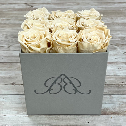 Grey Square Infinity Rose Box - Infinity Roses - Champagne One Year Roses - Square Box of Roses - Rose Colours divider-Vintage Champagne