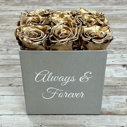 Grey Square Infinity Rose Box - Eternal Roses - Gold Forever Roses - Box of Roses- Rose Colours divider-Glamorous Gold
