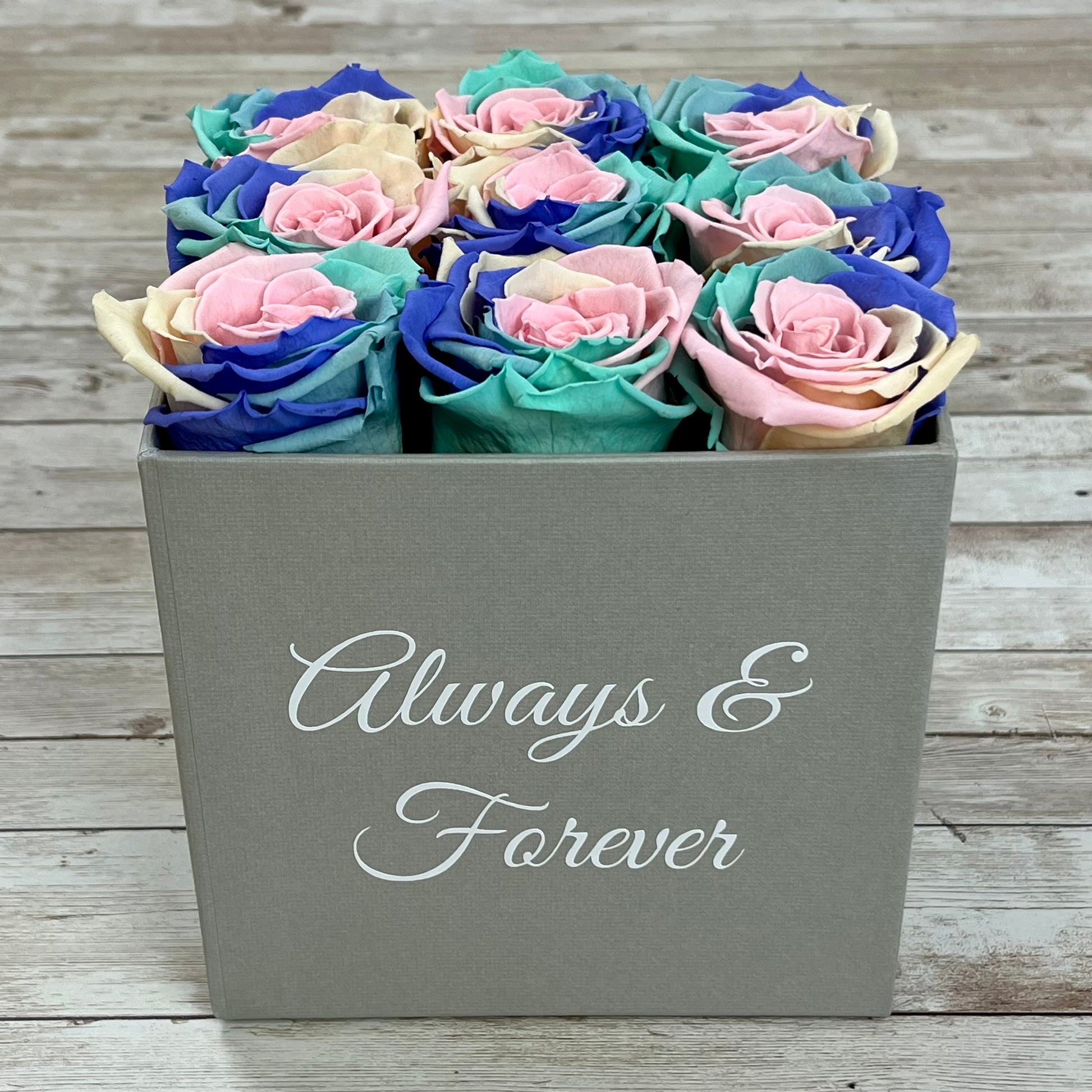 Grey Square Infinity Rose Box - Infinity Roses - Pastel Rainbow One Year Roses - Square Box of Roses - Rose Colours divider-Pastel Rainbow