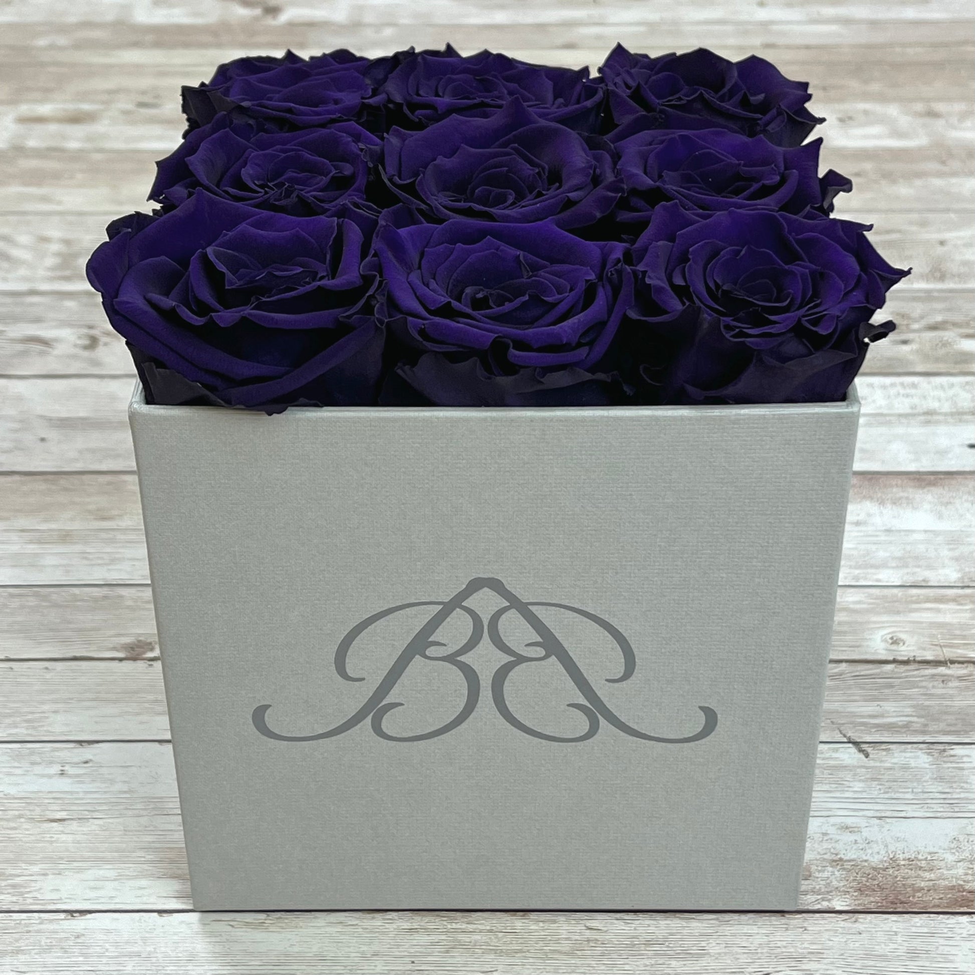 Grey Square Infinity Rose Box - Infinity Roses - Purple One Year Roses - Square Box of Roses - Rose Colours divider-Purple Reign