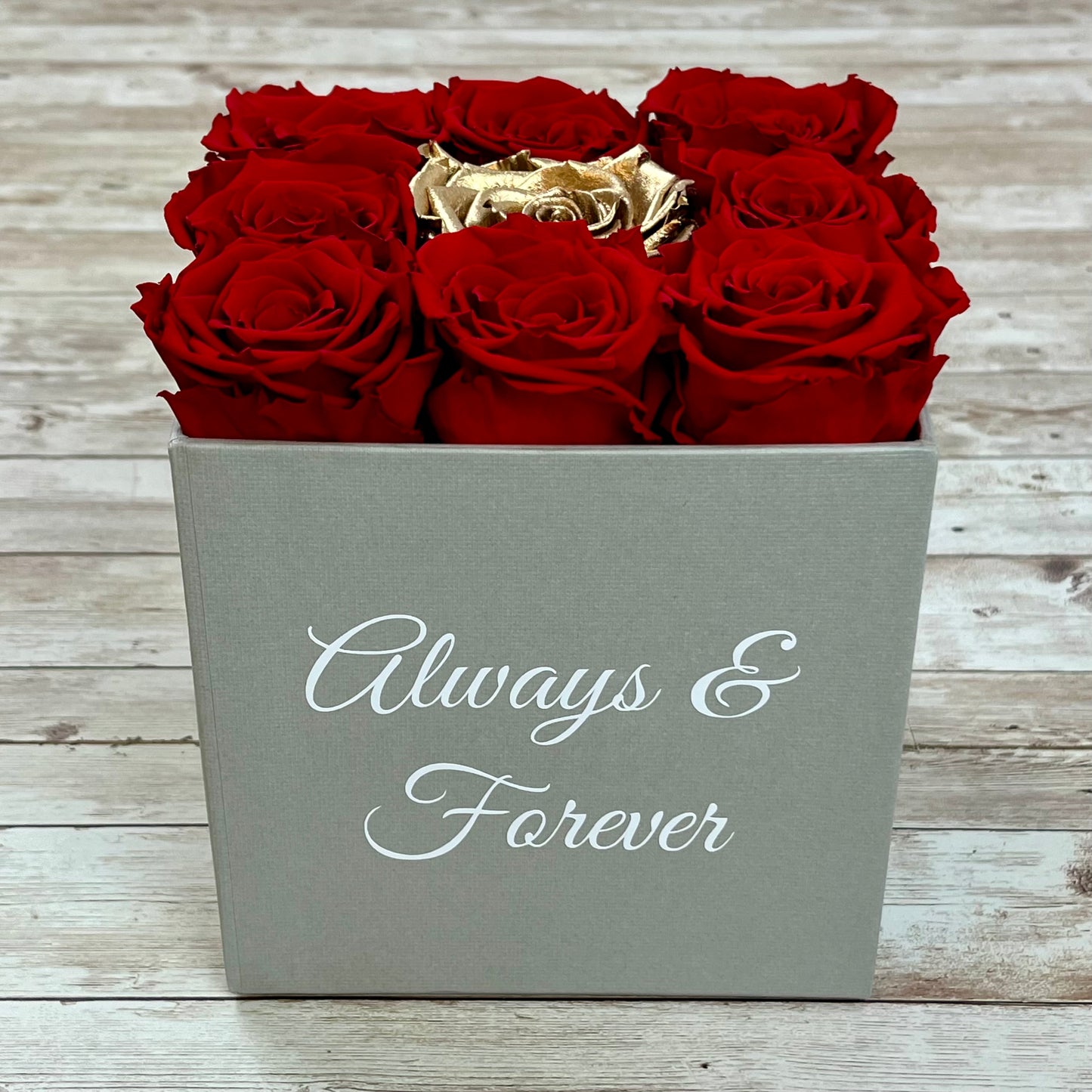 Grey Square Infinity Rose Box - Infinity Roses - Red & Gold One Year Roses - Square Box of Roses- Rose Colours divider-Red with Gold centre