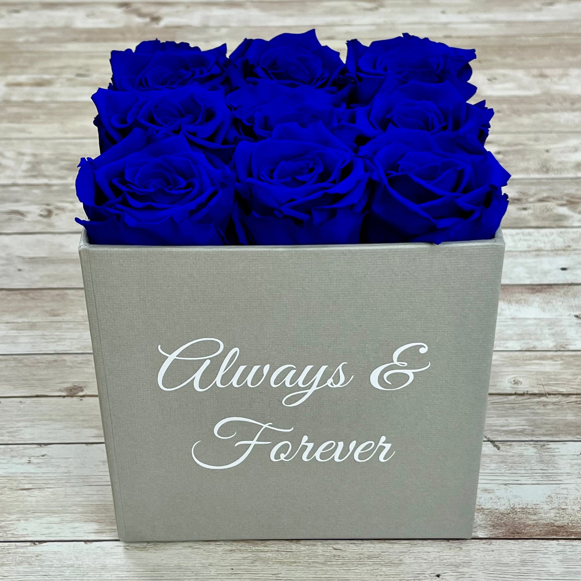 Grey Square Infinity Rose Box - Infinity Roses - Sapphire Blue One Year Roses - Square Box of Roses - Rose Colours divider-Sapphire Blue