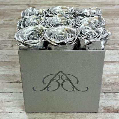 Grey Square Infinity Rose Box - Infinity Roses - Silver One Year Roses - Square Box of Roses- Rose Colours divider-Silver Sensation