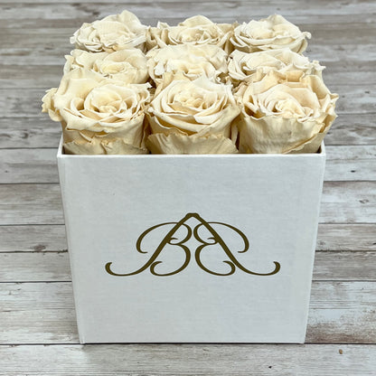 White Square Infinity Rose Box - Infinity Roses - Champagne One Year Roses - Square Box of Roses - Rose Colours divider-Vintage Champagne