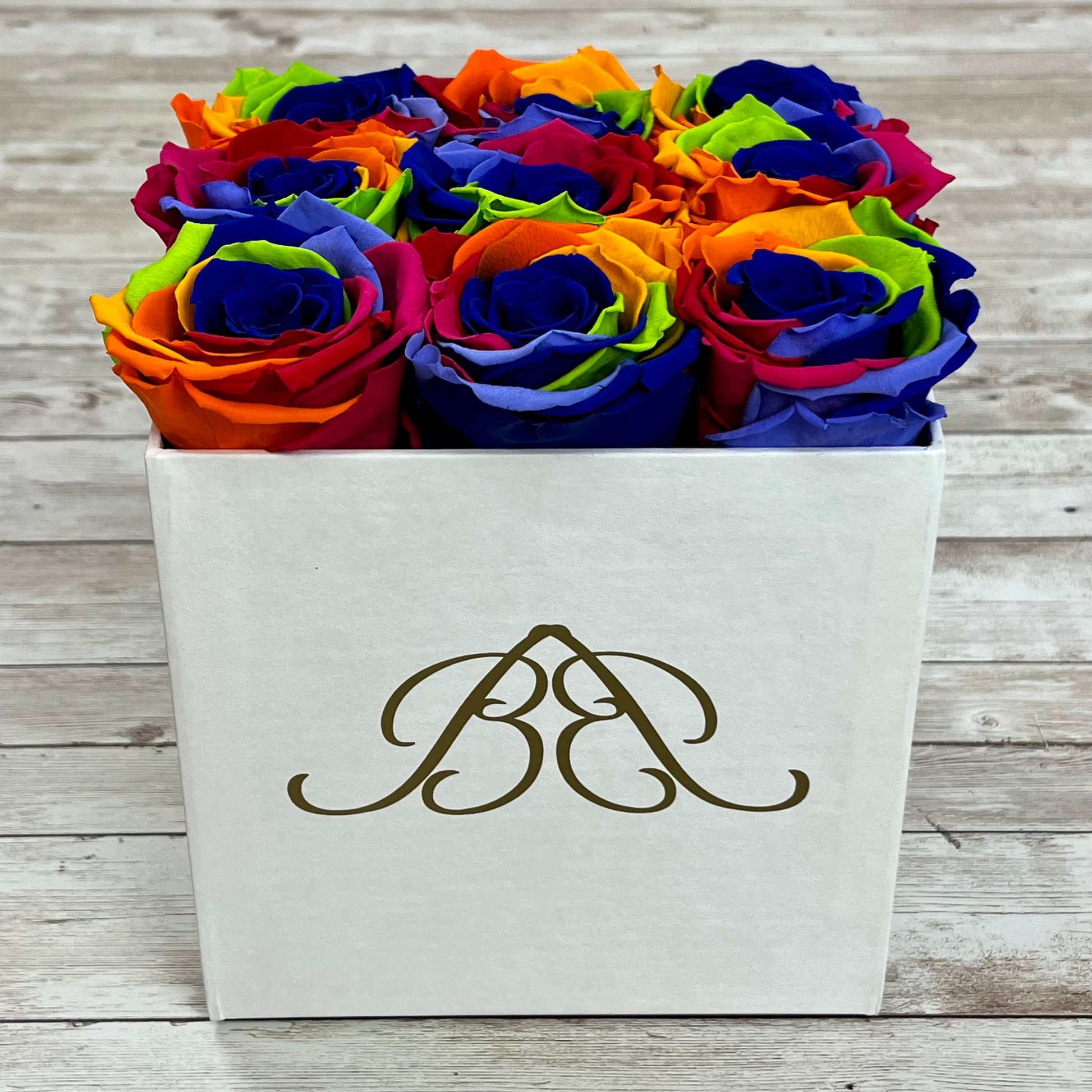 White Square Infinity Rose Box - Infinity Roses - Rainbow One Year Roses - Square Box of Roses - Rose Colours divider-Carnival Rainbow