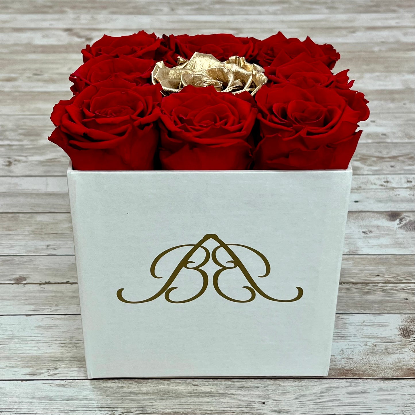 White Square Infinity Rose Box - Infinity Roses - Red & Gold One Year Roses - Square Box of Roses- Rose Colours divider-Red with Gold centre