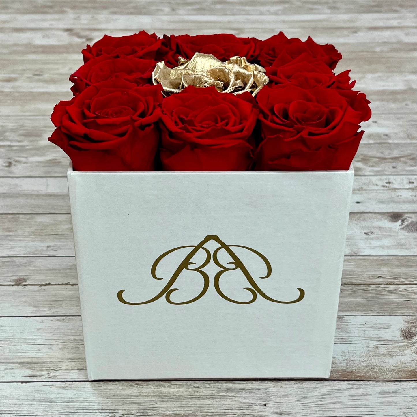 White Square Infinity Rose Box - Eternal Roses - Red & Gold Forever Roses - Rose Colours divider-Red with Gold centre