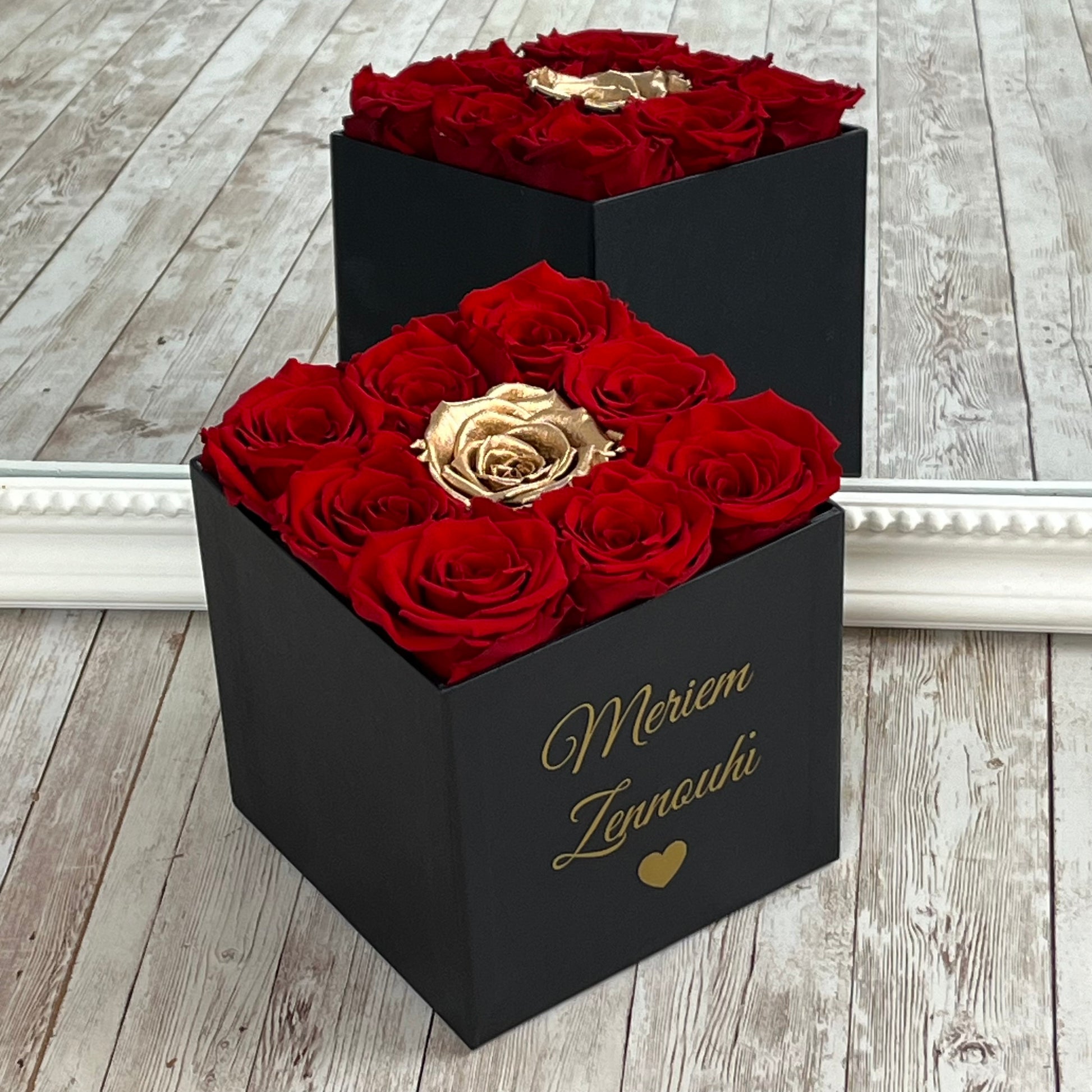 Black Square Infinity Rose Box - Eternal Roses - Red & Gold Forever Roses - One Year Roses