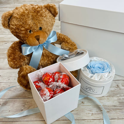 Teddy & Treats Hamper - Single Baby Blue Infinity Rose - One Year Roses - Rose Colours divider-Baby Blue