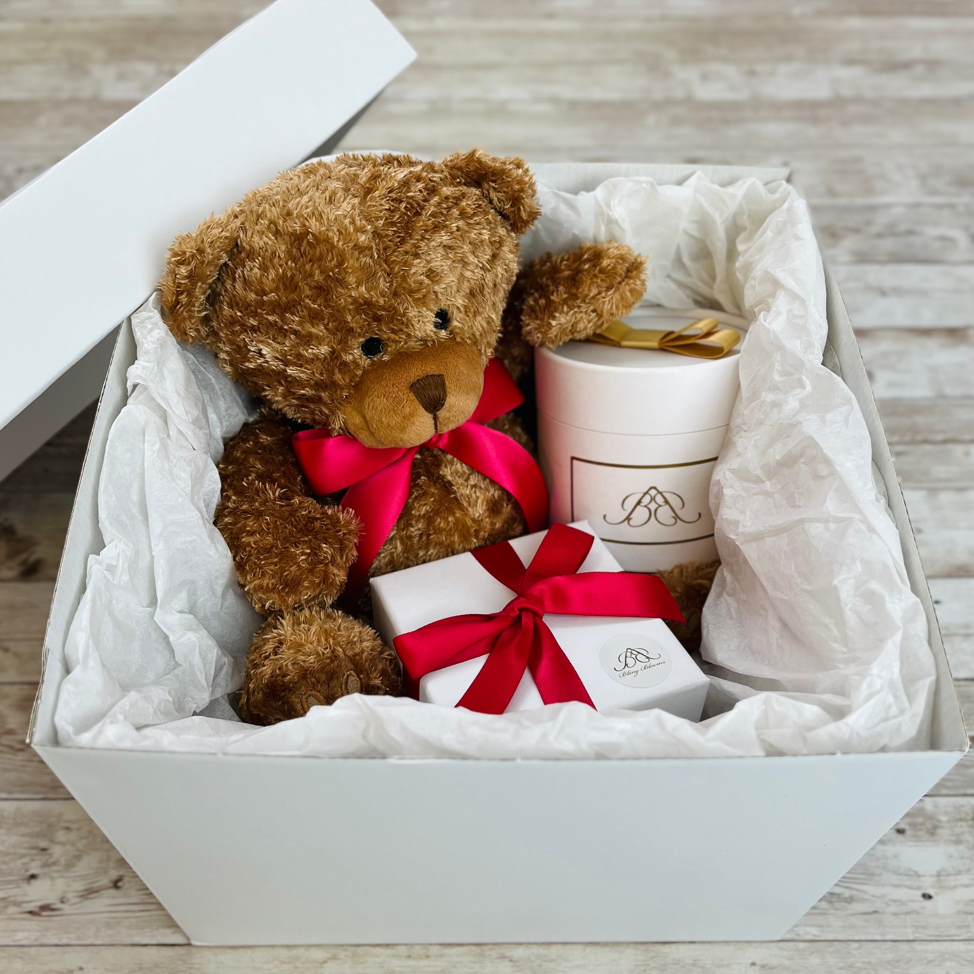 Teddy & Treats Hamper - Single Red Infinity Rose - One Year Roses  - Gift Hamper Box
