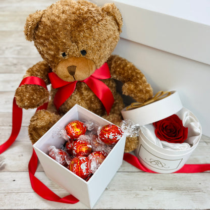 Teddy & Treats Hamper - Single Red Infinity Rose - One Year Roses - Rose Colours divider-Ruby Red