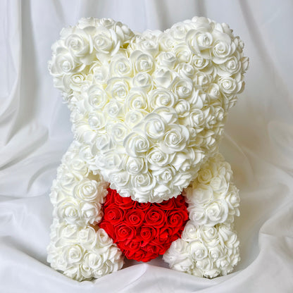 Rose Bear - Forever White Rose Teddy Bear - Gift Boxed Bear- Rose Bear divider- White Bear with Red Heart