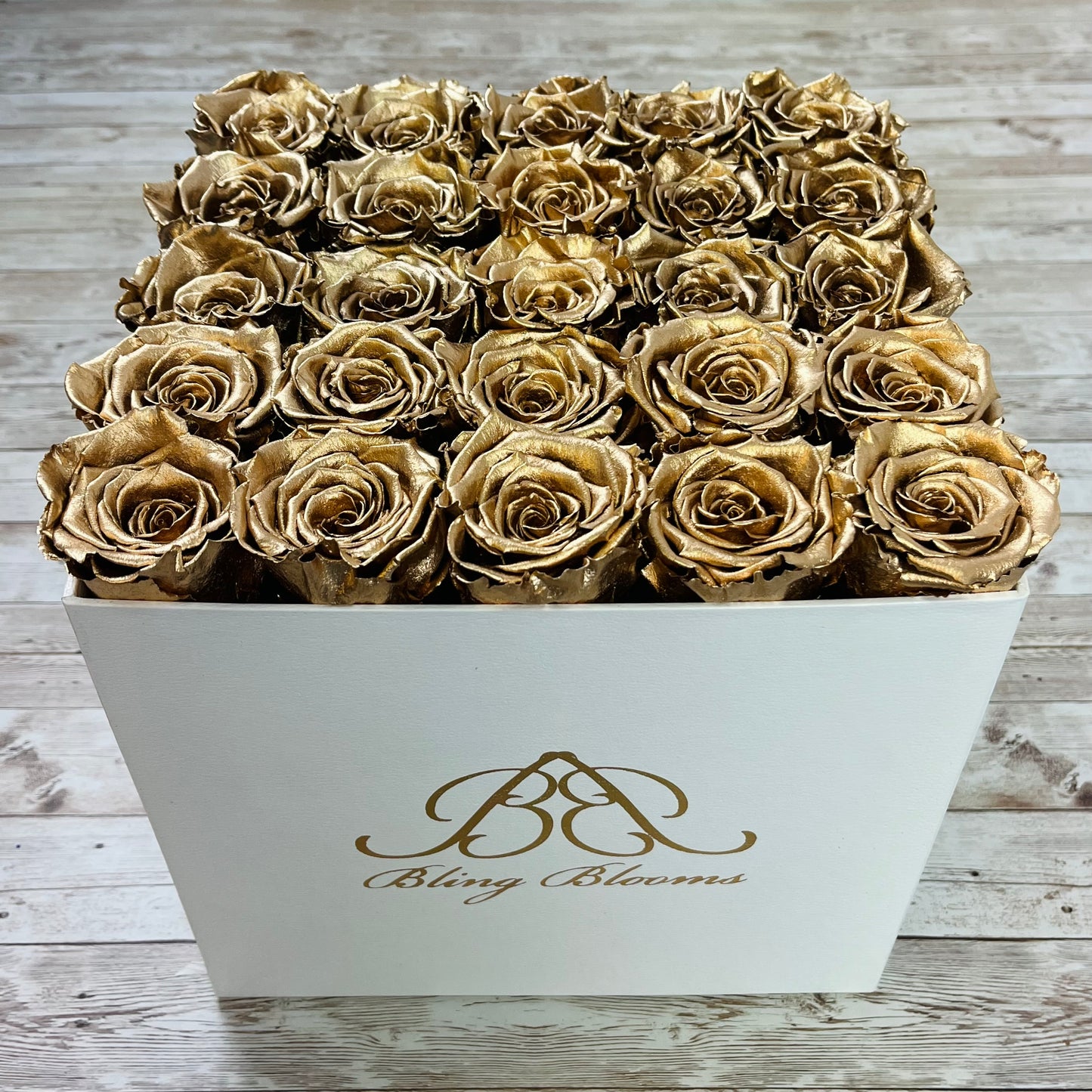 White Square Bloom Box - Infinity Roses - Gold One Year Roses - Box of Roses - Rose Colours divider-Glamorous Gold