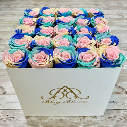 White Square Bloom Box -Rainbow Infinity Roses - One Year Roses - Rose Colours divider-Pastel Rainbow