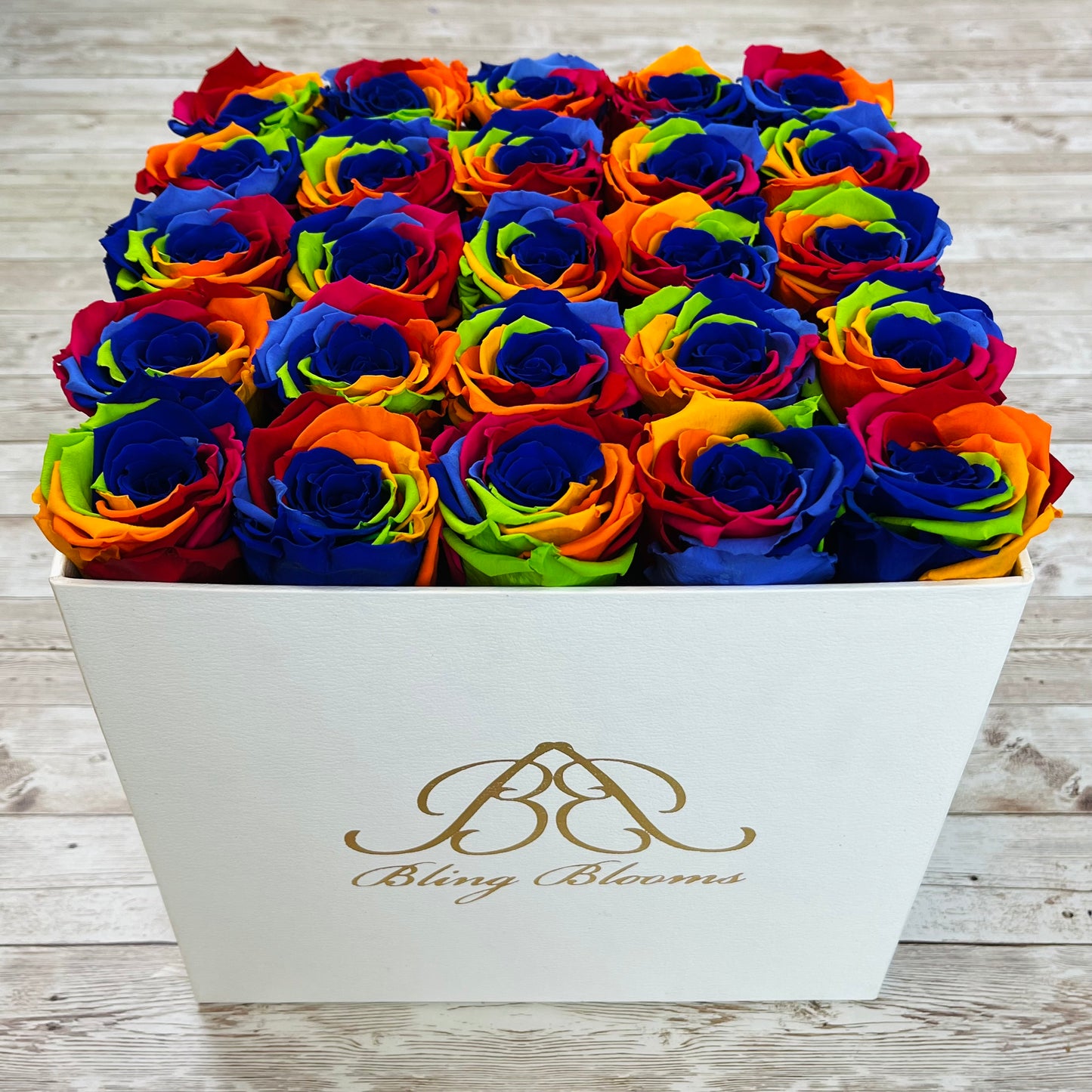 White Square Bloom Box - Rainbow Infinity Roses - One Year Roses - Rose Colours divider-Carnival Rainbow