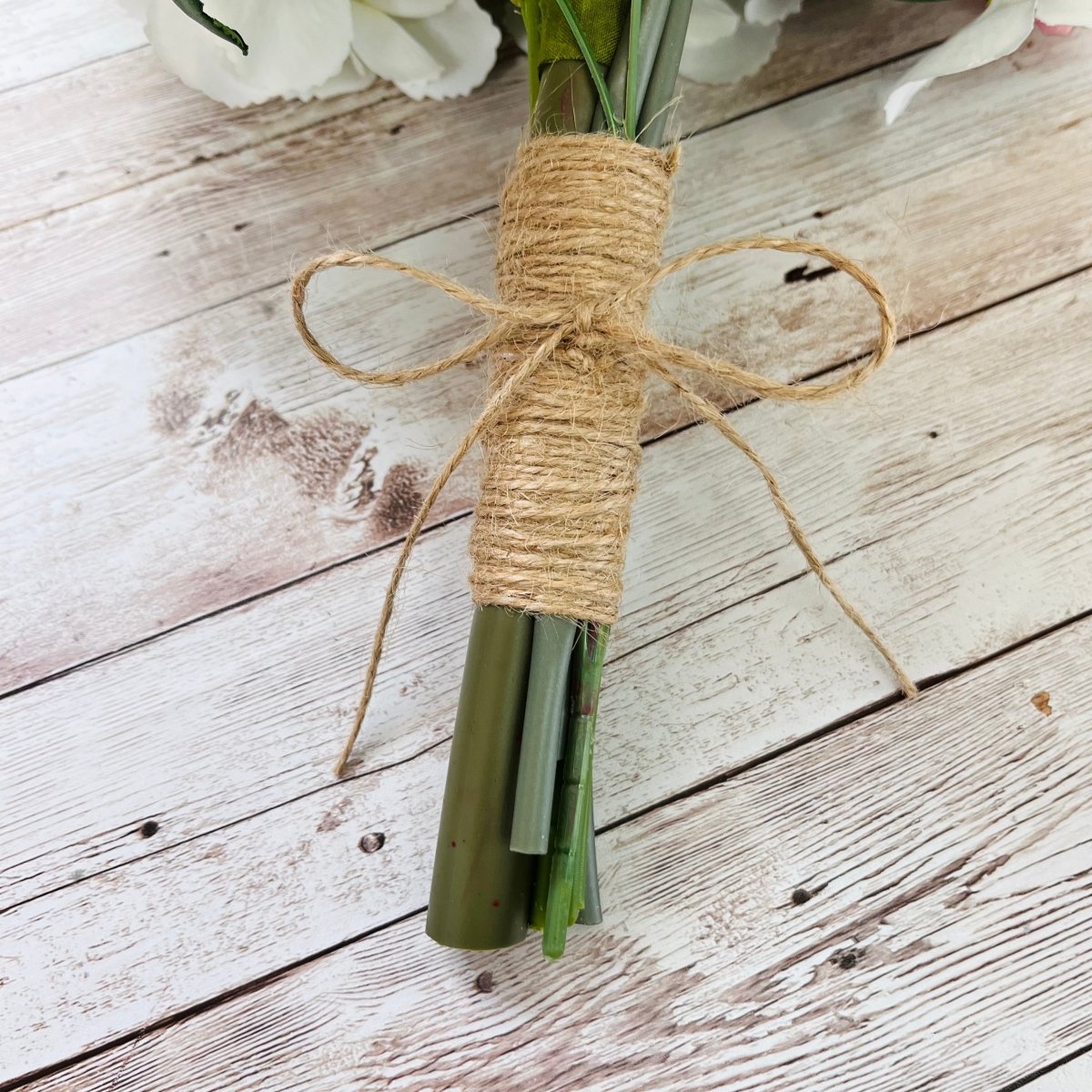 Ivory Silk Wedding Bouquet - Artificial Bride Bouquets - Hand Tied Stems with Twine